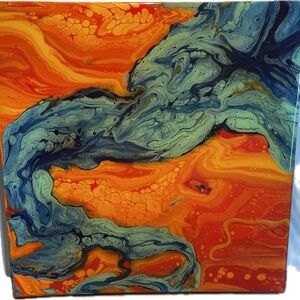 Abstract Wall Art Fluid Resin Vibrant Orange Blue Modern 12 X 12” Gift